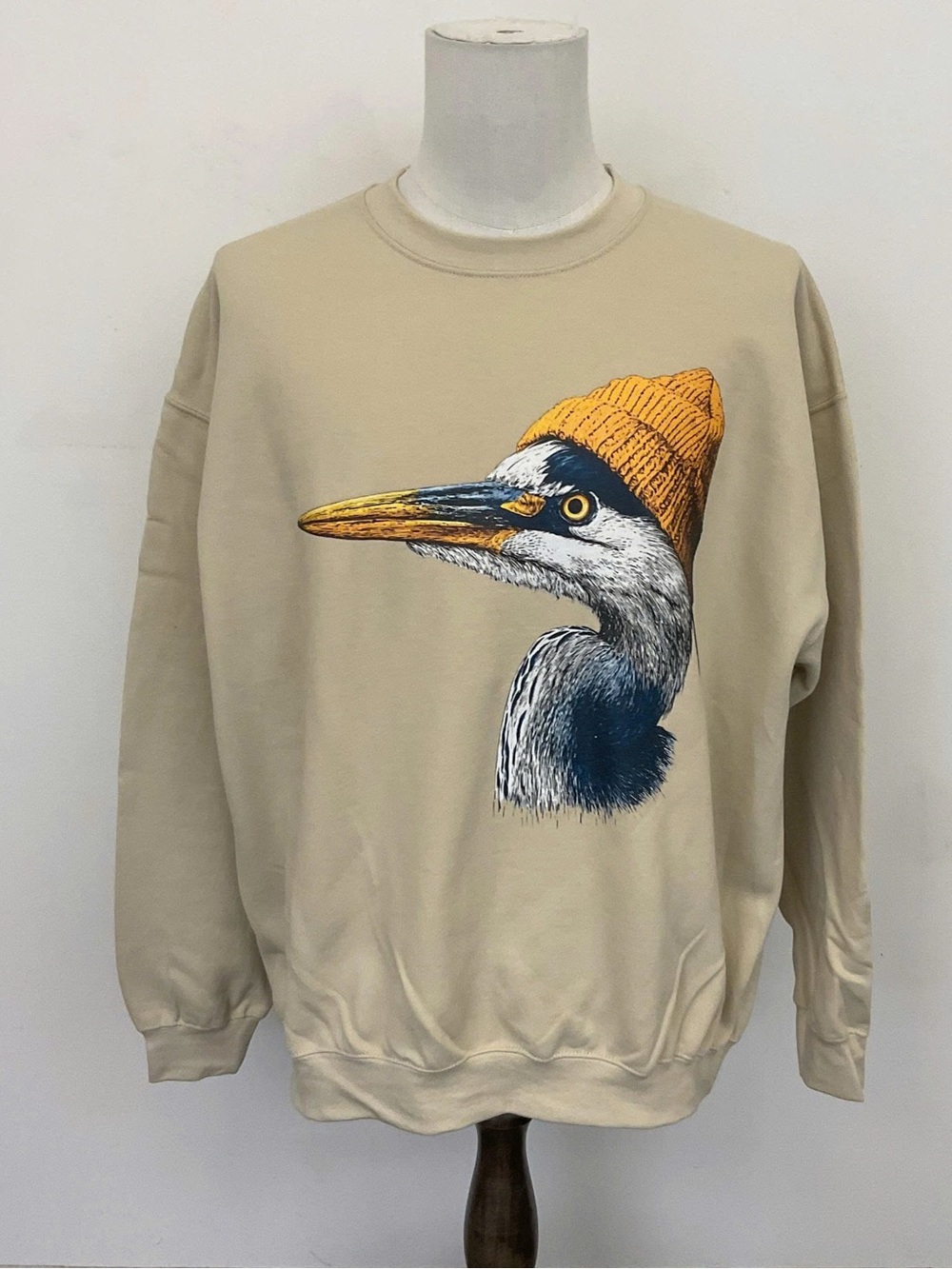 Men's Beige Crewneck Sweater with Heron Graphic